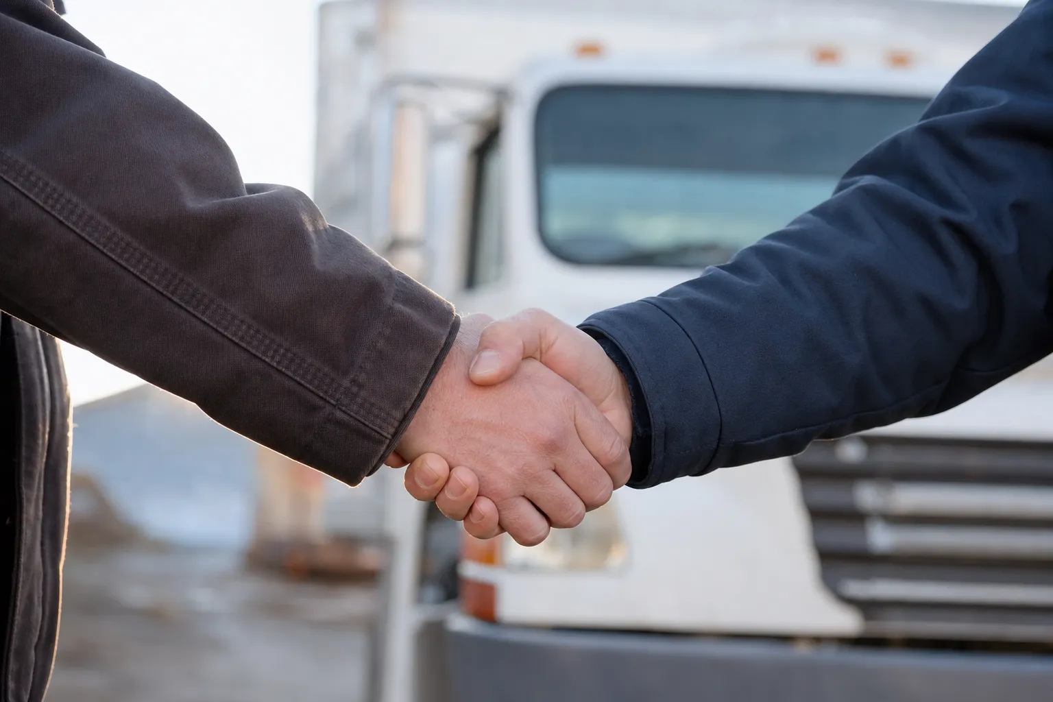 Handshake in front of a white work truck