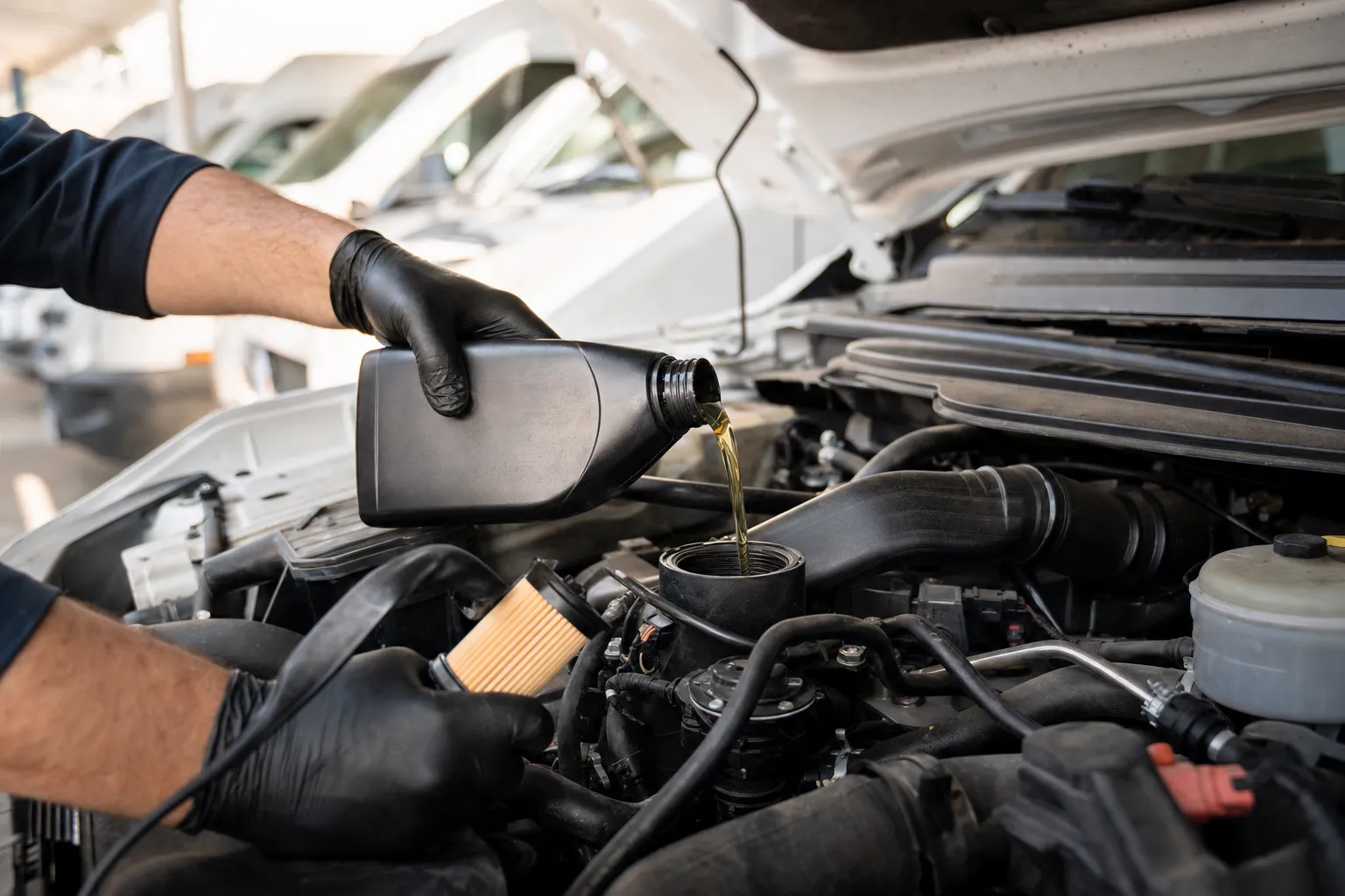 Oil being poured into the engine of a white work van during an oil service