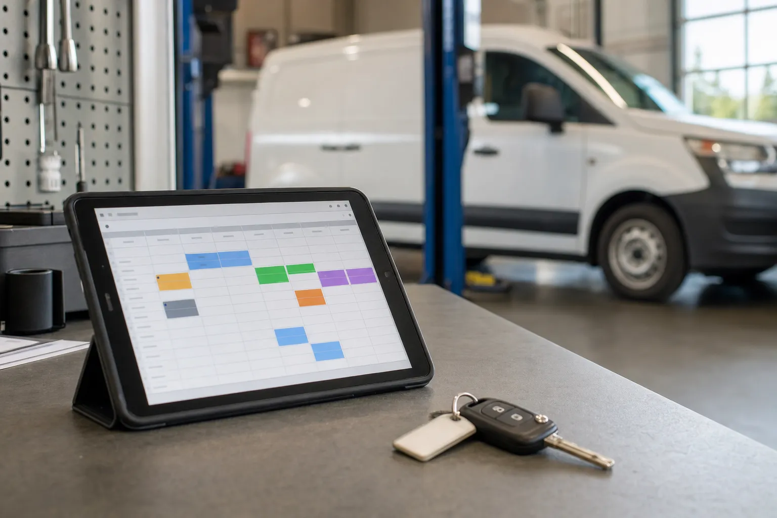 Tablet showing a vehicle maintenance schedule on a workbench