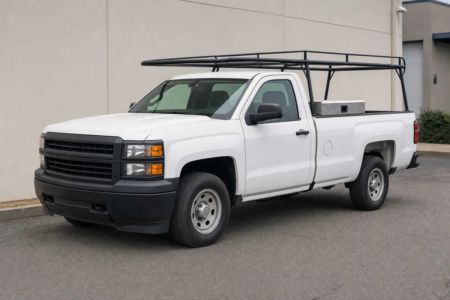 White full-size work pickup with a ladder rack