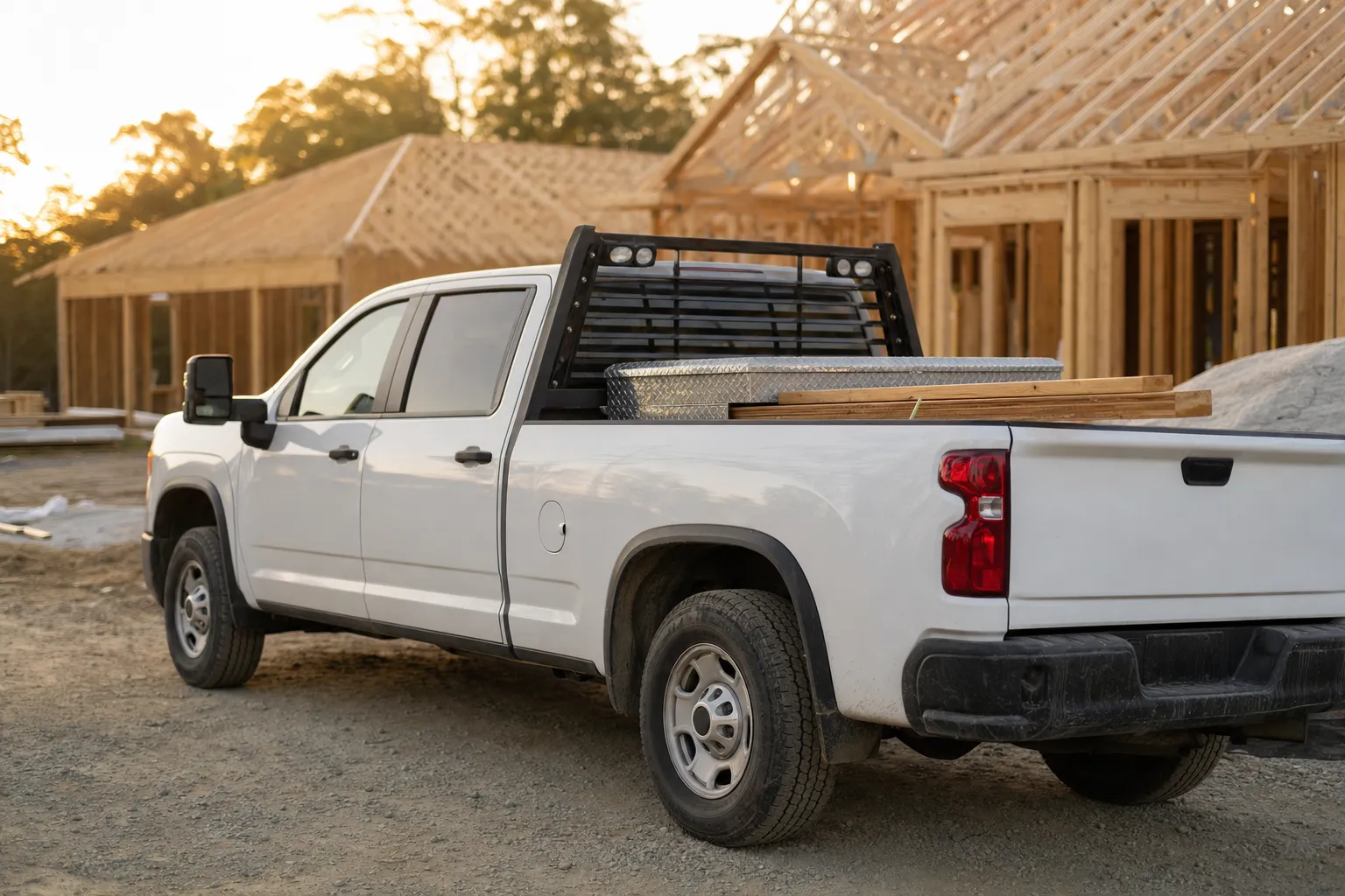 White work pickup with lumber on a residential construction site