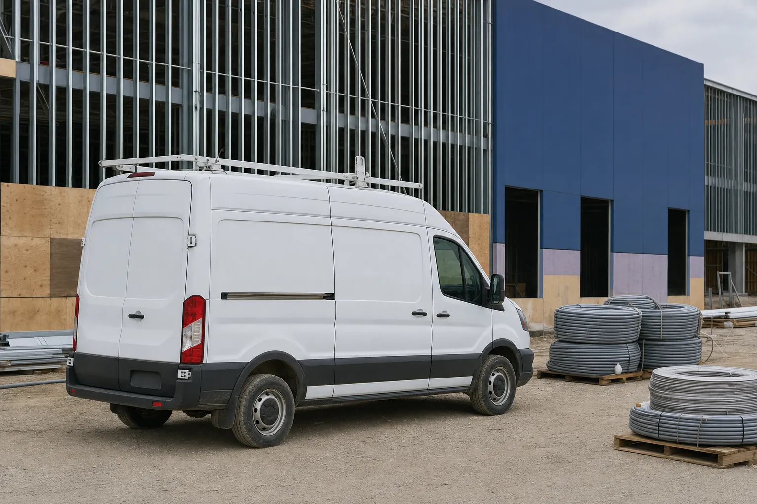 White work van with a ladder rack beside a building under construction