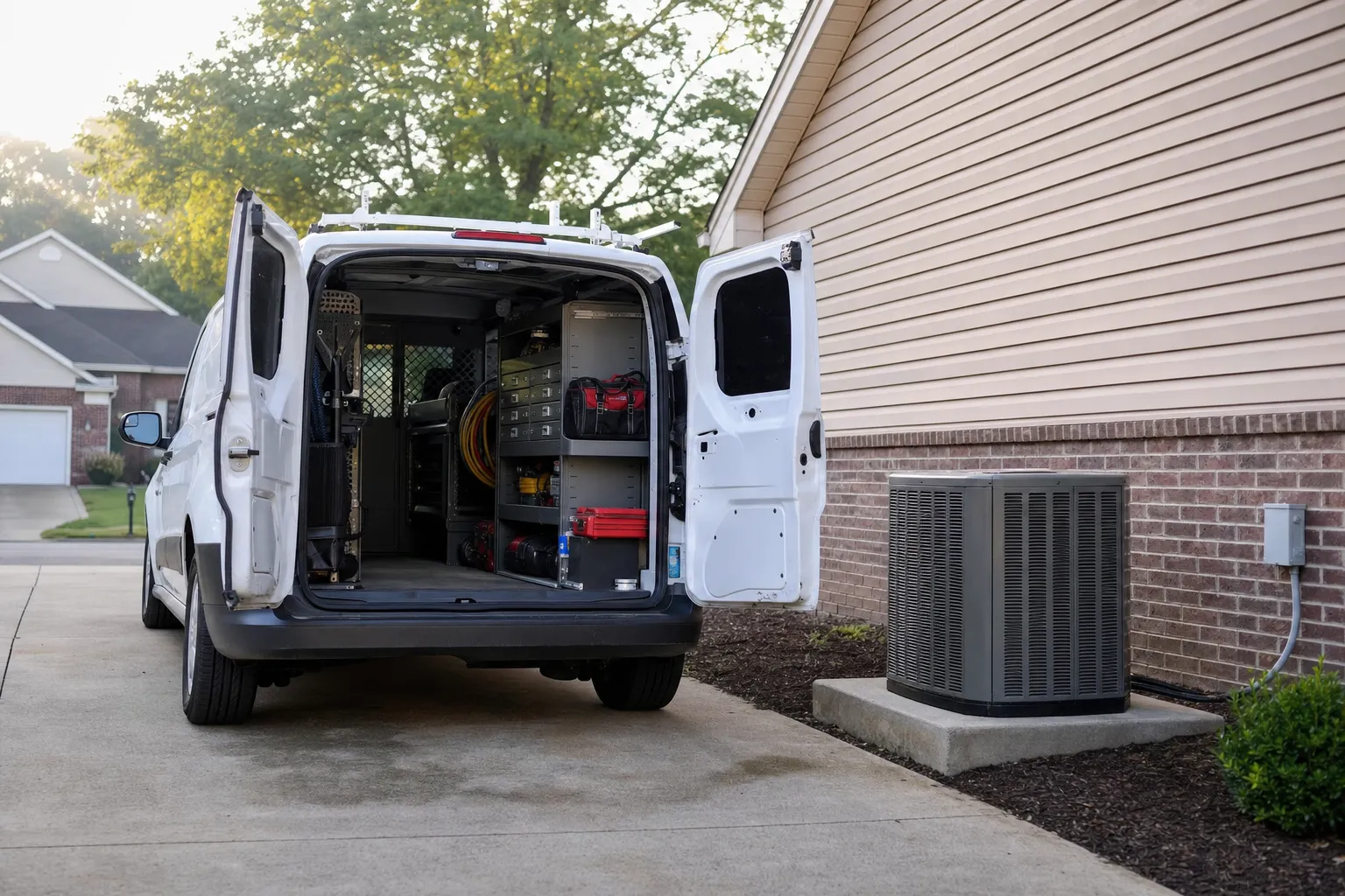 White service van in a driveway beside an HVAC unit