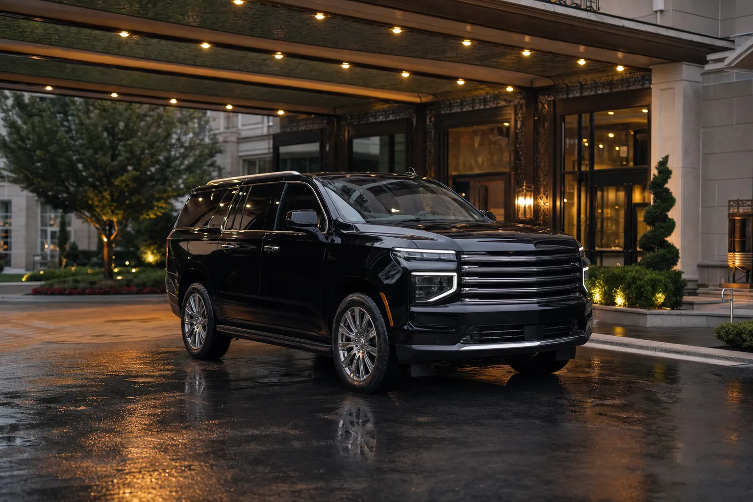 Black livery SUV at a hotel entrance at dusk
