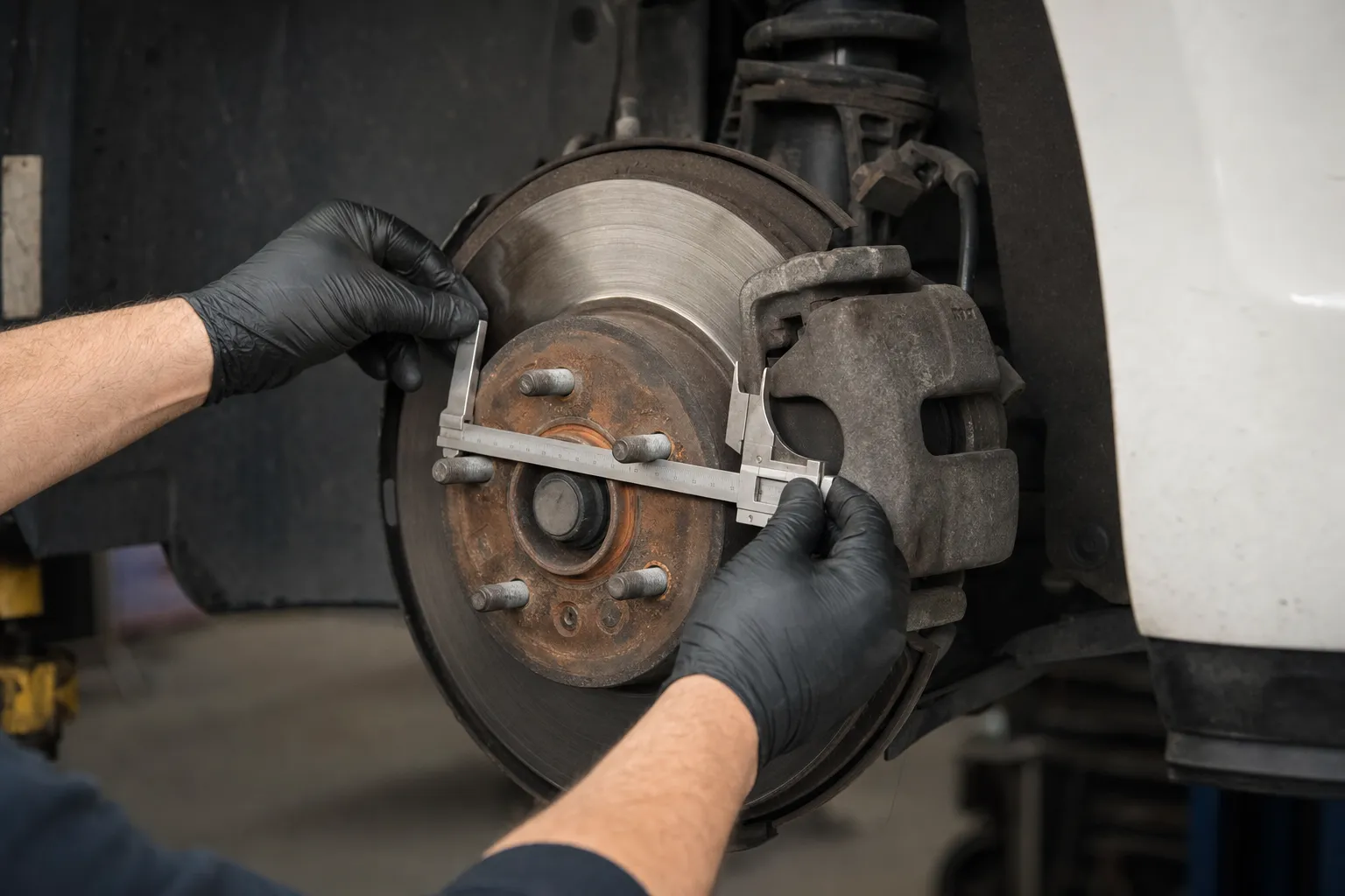 Mechanic measuring a brake rotor on a work truck