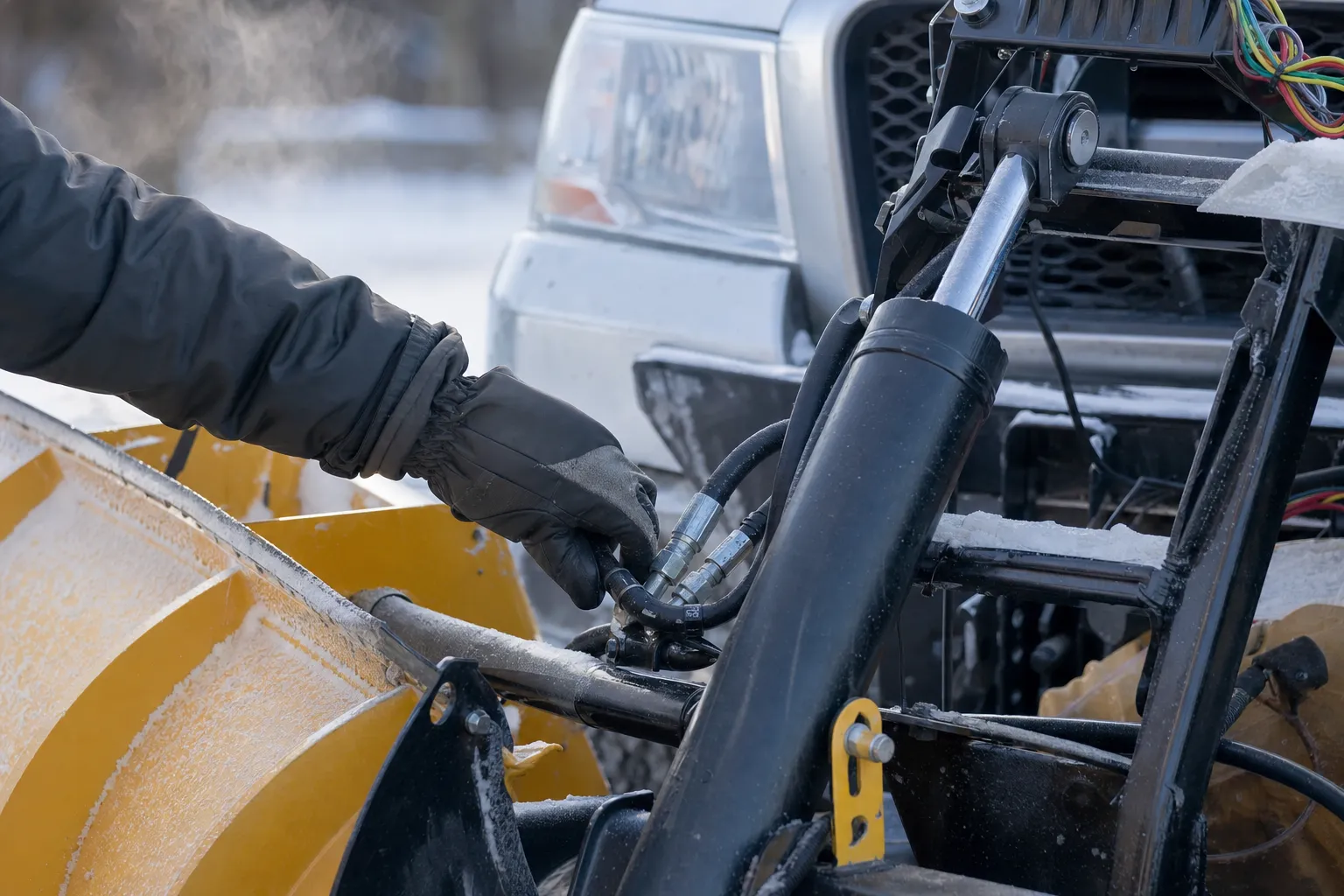 Gloved hand checking the hydraulics on a snowplow blade