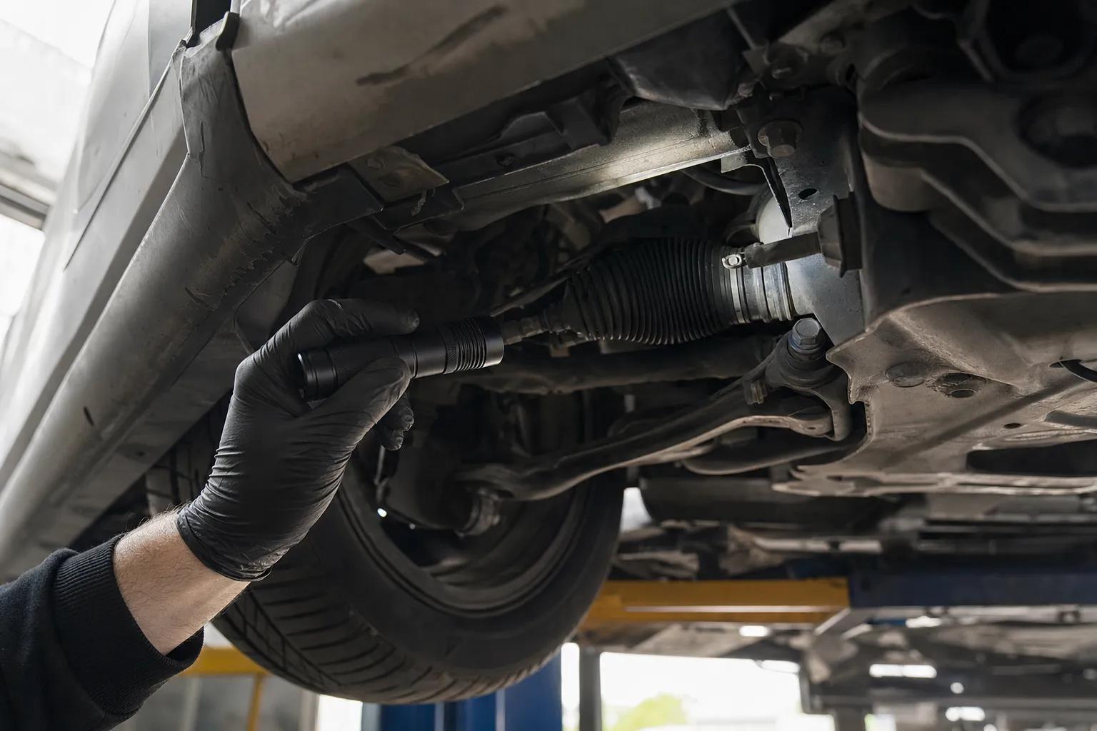 Technician inspecting steering and suspension under a lifted work van